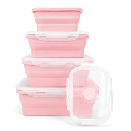 4 Collapsible Silicone Food Storage Container,Leftover Meal box For Kitchen,Lunch Boxes,Microwave,Dishwasher and Freezer Safe Color Pink