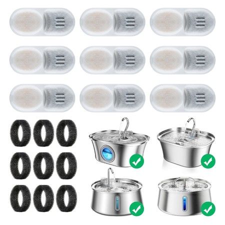 Cat Water Fountain Filters,9 Pack Replacement Filters And Pre-Filter Sponges for Stainless Steel Pet Fountain with Water Level Window