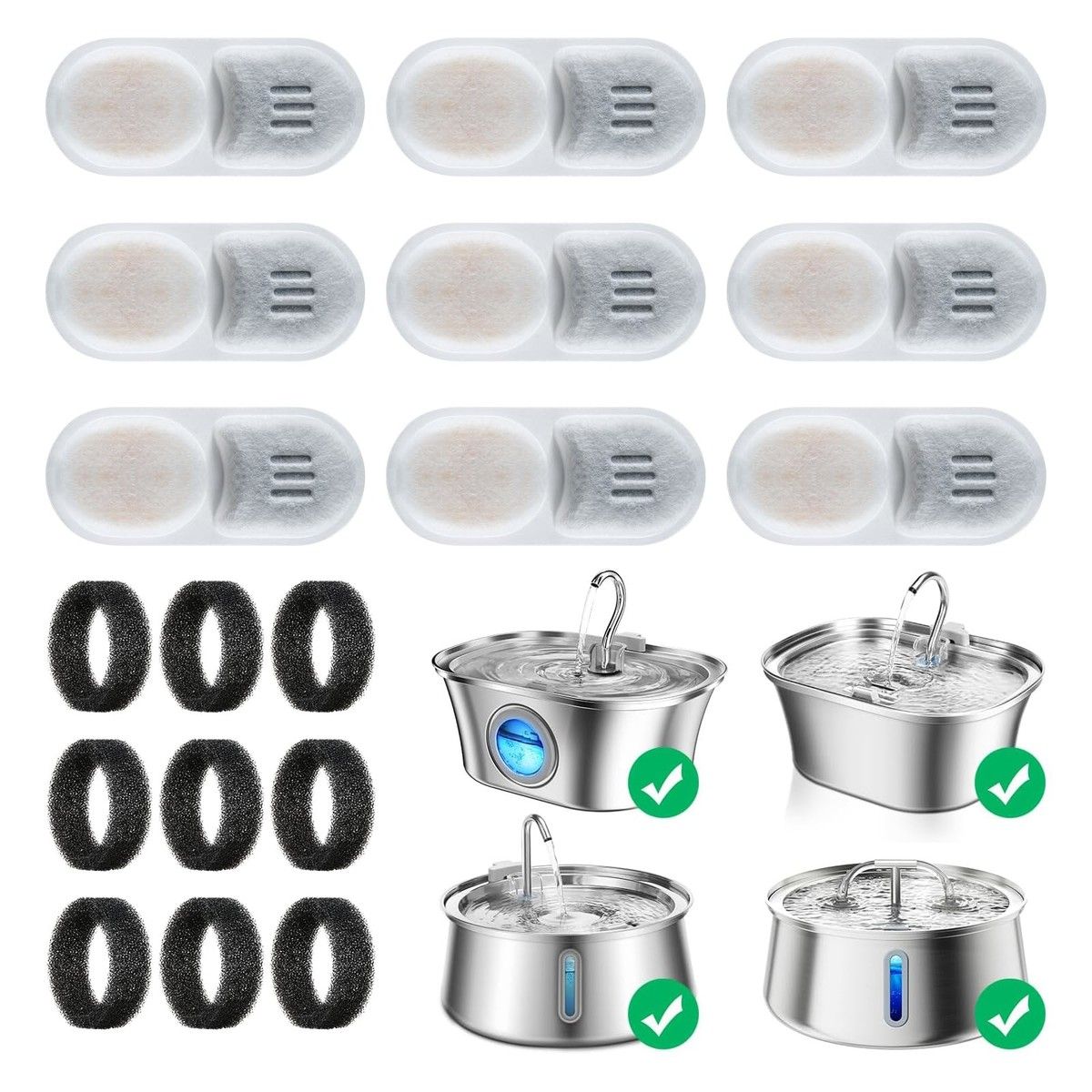 Cat Water Fountain Filters,9 Pack Replacement Filters And Pre-Filter Sponges for Stainless Steel Pet Fountain with Water Level Window