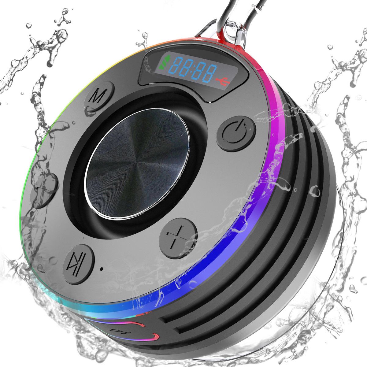Portable Bluetooth Shower Speaker with Suction Cup,Wireless with Time Display With RGB Light,Stereo Pairing,Handsfree For Beach Outdoor Color Black