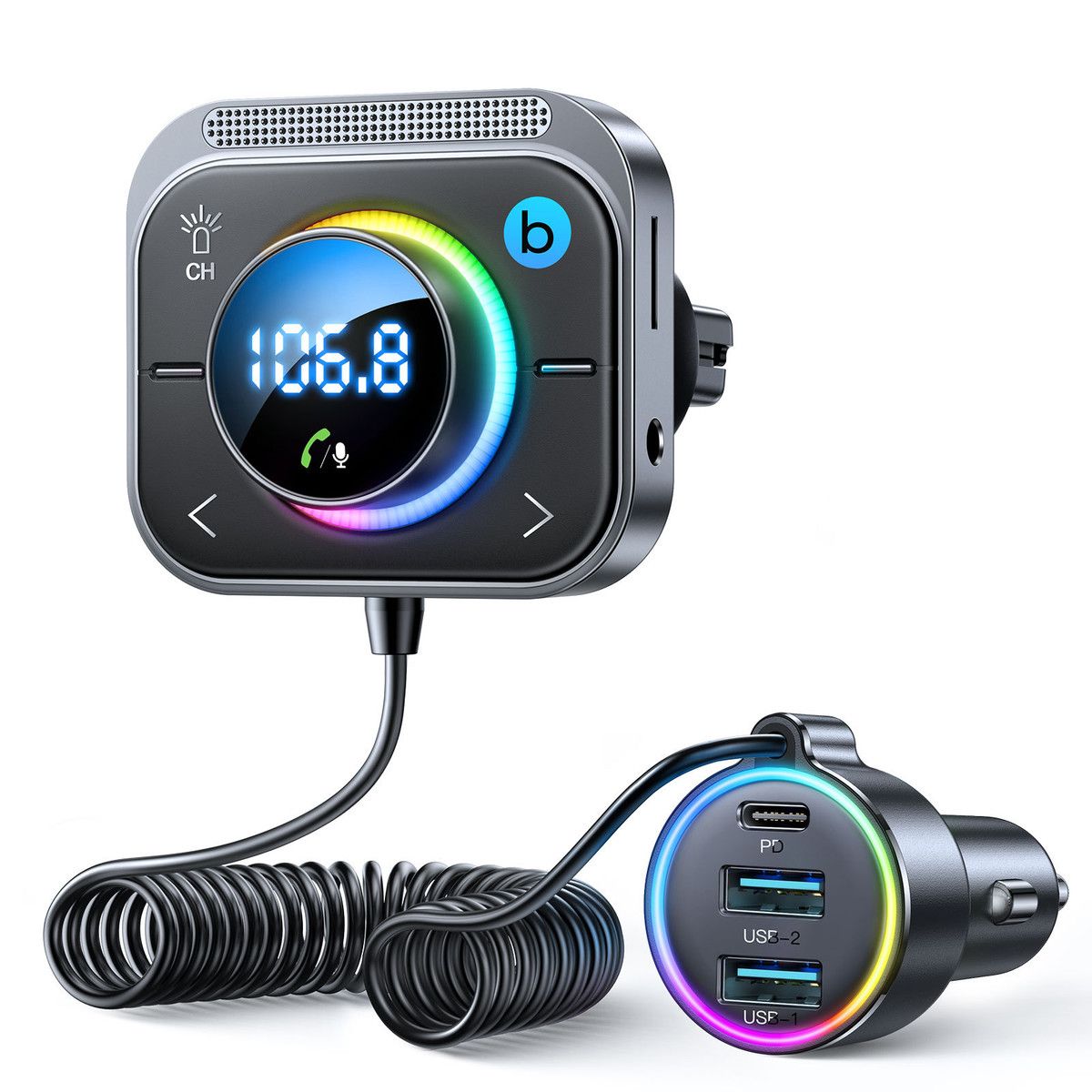 Bluetooth 5.3 Car FM Transmitter, HiFi Treble & Bass Music Player, PD30W QC18W Fast Car Charger, Radio Bluetooth Car Adapter with Mics for Hands-Free Call