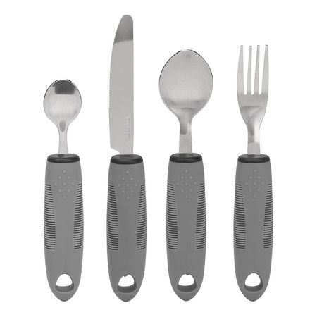 Adaptive Utensil Set 4Pcs Non Shaking Weighted Tableware Non Slip Rubber Handle Eating Utensils Hand Tremors Elderly Stainless Steel Grey