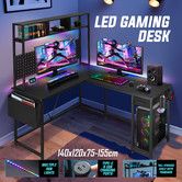 Corner Gaming Desk L Shaped Computer Study Work Table Home Office Workstation Carbon Fibre with RGB LED Light Drawer Shelves Storage Bag Pegboard USB