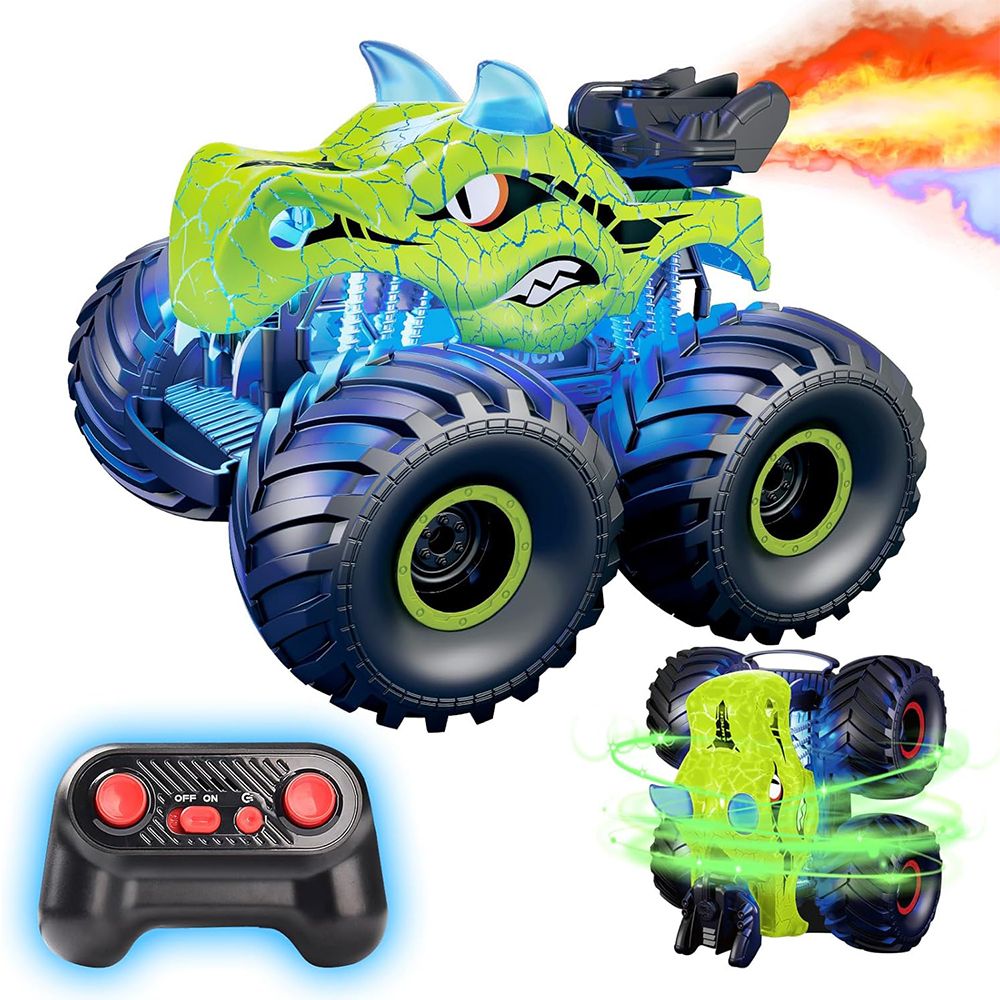 Remote Control Car, 2.4 GHz RC 4WD Monster Trucks for Boys Girls with Light and Sound, 2 Batteries,Dino Toys for Kids, Green