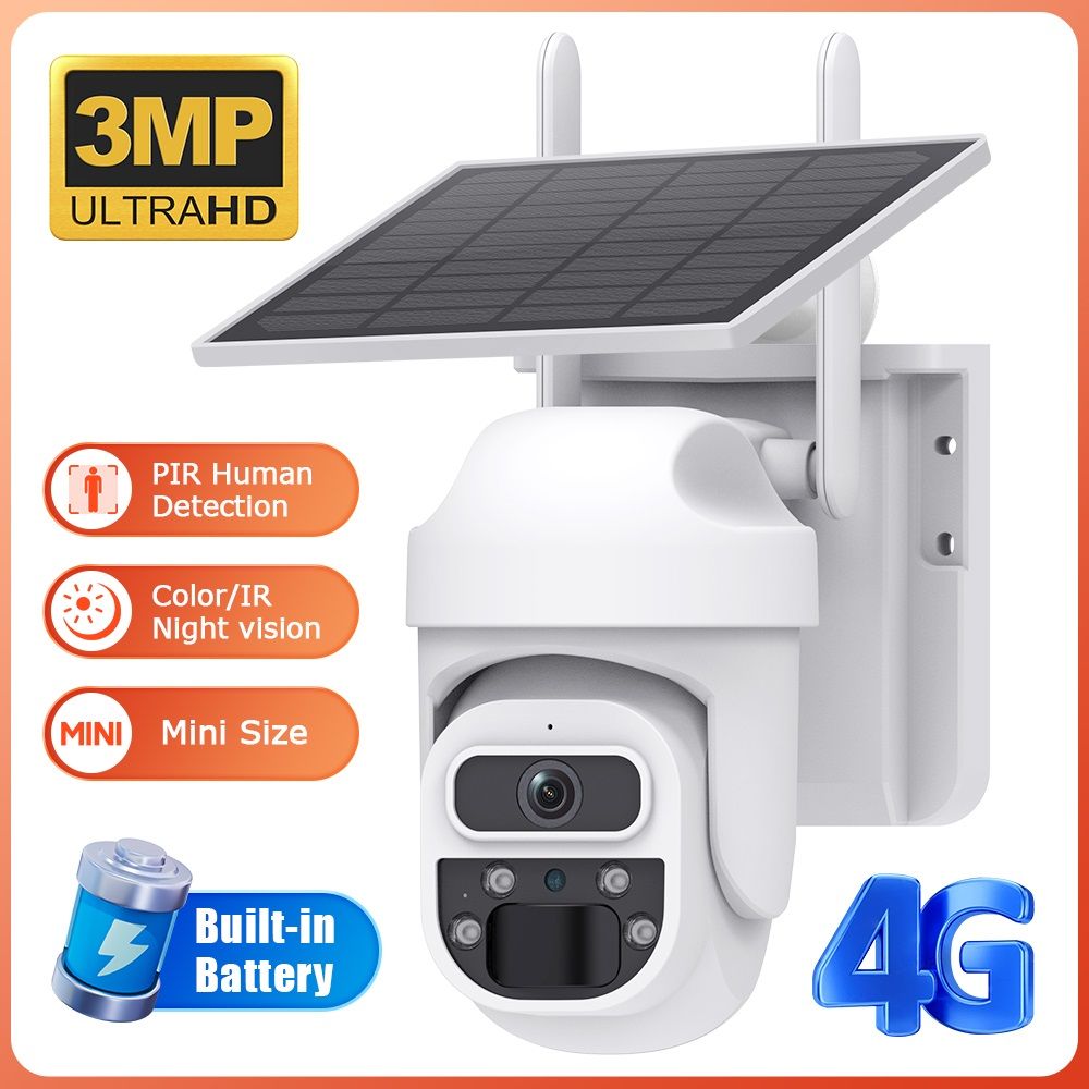 Solar Security Camera 3MP HD PTZ 360° Night Vision, PIR Motion Detection, 4G , Cloud & Local Storage, 7800mAh Battery for Outdoor/Indoor Use
