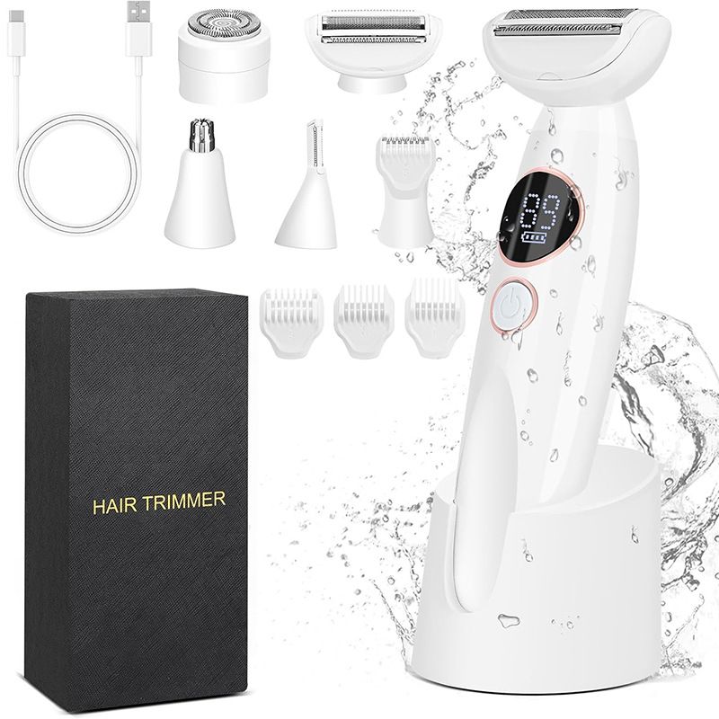 5in1 Body Shaver Facial Epilator IPX7 Waterproof Facial Hair Remover Electric Razor for Women USB Recharge Dock LED Display