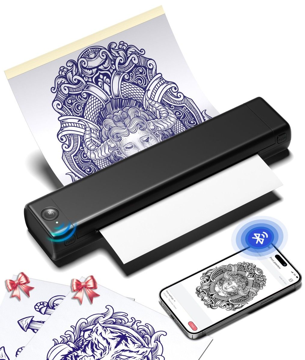 Phomemo M08F Wireless Tattoo Transfer Stencil Printer,Thermal Tattoo Machine with 10pcs Free Stencil Paper,Compatible with Smartphone PC Black