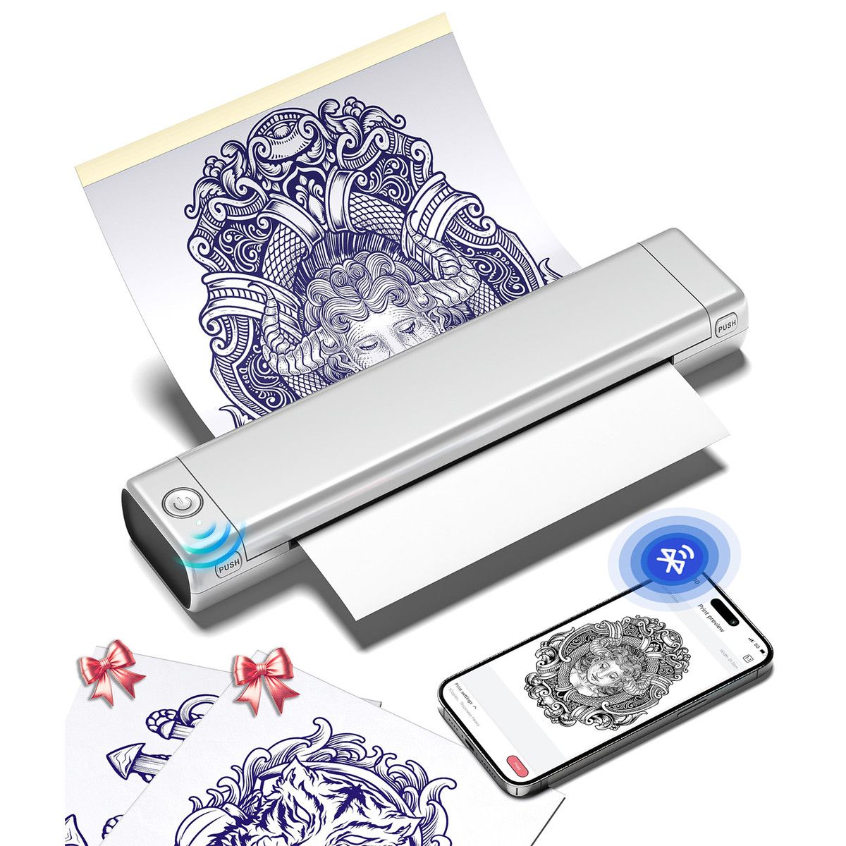 Phomemo M08F Wireless Tattoo Transfer Stencil Printer,Thermal Tattoo Machine with 10pcs Free Stencil Paper,Compatible with Smartphone PC Silver