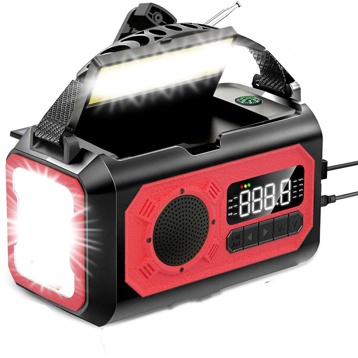 12000mAh Emergency Hand Crank Portable Solar Radio AM/FM/NOAA Weather Radio with 2 Solar Panels,SOS Alarm,Flashlight,Phone Charger,Compass,Reading Lamp,Red