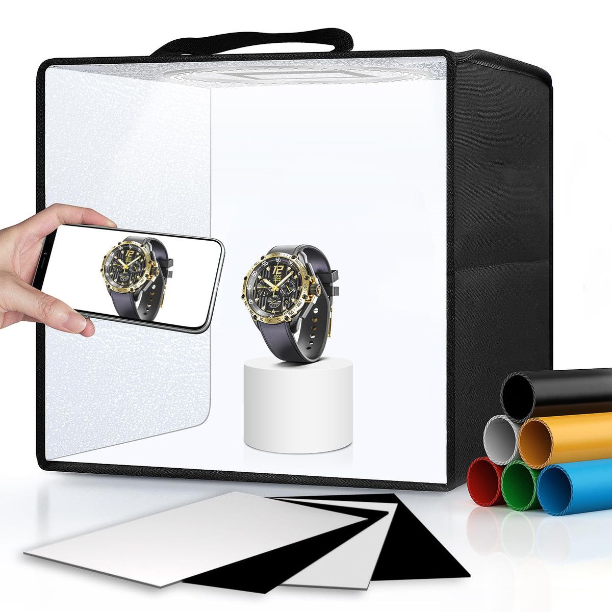 Light Box Photography,Photo Box with 88 High Color Rendering Index LED Lights,6 Color PVC Backdrops,4 Reflection Boards and 1 Diffuser (25x25cm)