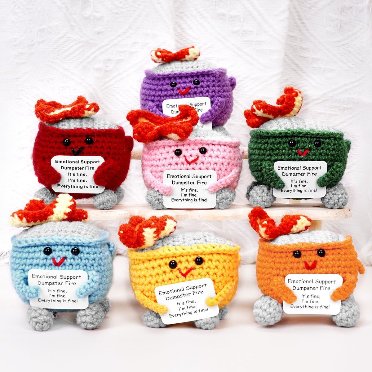 7pcs Emotional Support Dumpster Fire Gift Set Handmade Crochet Desk Accessories Room Decor Funny Gifts