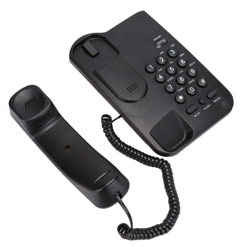 Landline Phone, Wired Desktop Wall Mount Corded Telephone English Extension Phone with Redial Flash Function for Home, Office, Black