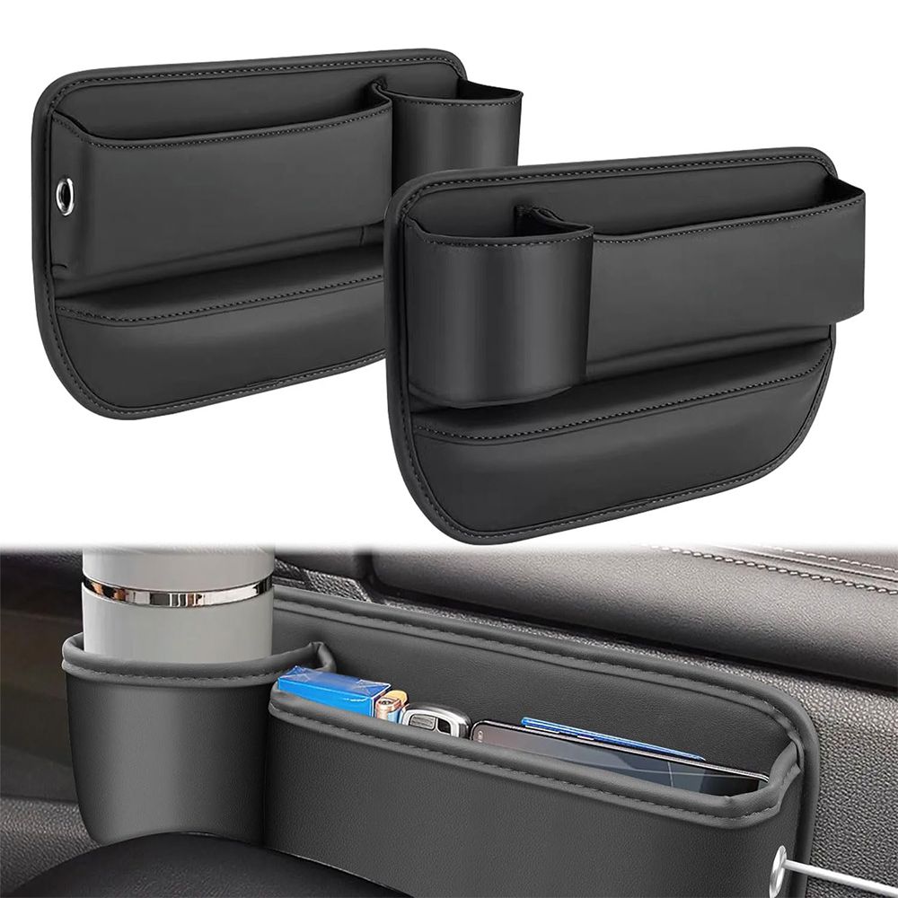 Car Seat Gap Filler Organizer with Cup Holder, 2 Pcs Adjustable Leather Car Side Seat Storage Box, Multifunction Interior Storage Organizer