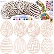 24pcs DIY Wooden Easter Egg Craft Kit Paint Your Own Colorful Egg Ornaments with Floral and Zigzag Patterns For Easter Activities and Home Crafting