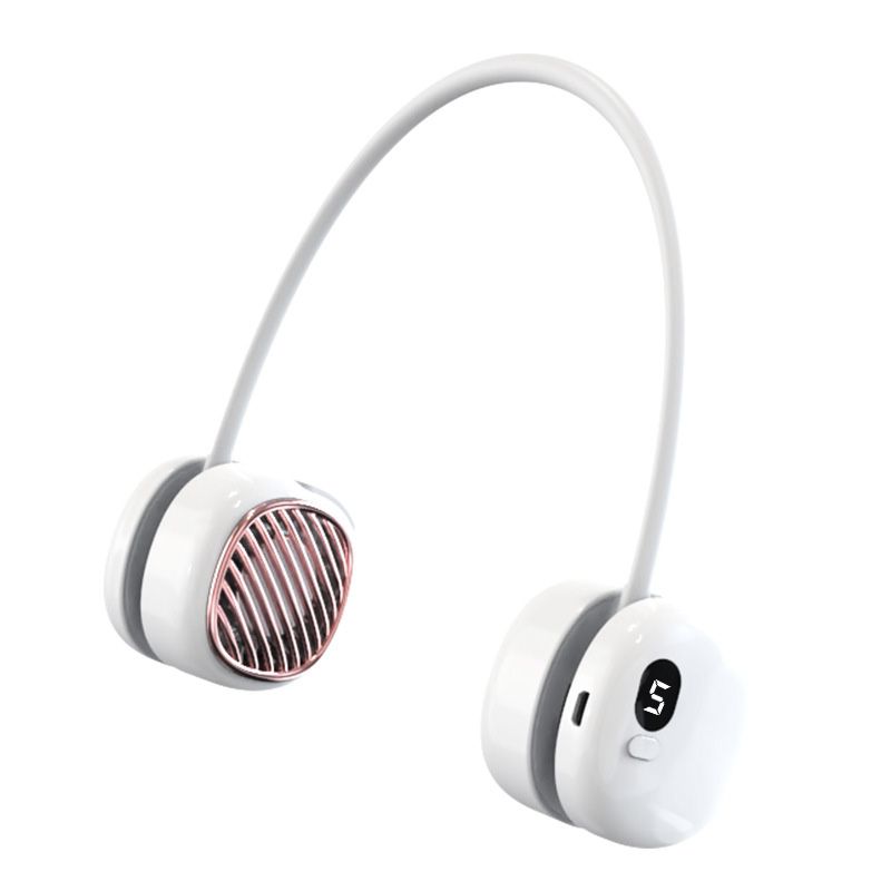 White 5 Wind Speed 3000mAh Portable Mini Leafless Hanging Neck Fan Outdoor Digital Display Lazy Fan