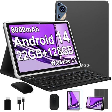 Android 14 Tablet 10 Inch Octa Core 22GB RAM 128GB ROM Expand To 1TB 8000mAh Battery  HD Screen Keyboard  Mouse Included Color Gray