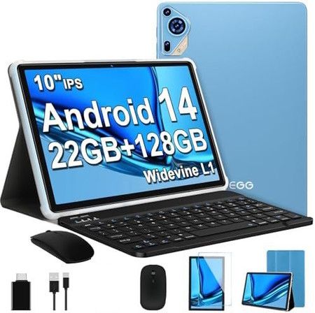 Android 14 Tablet 10 Inch Octa Core 22GB RAM 128GB ROM Expand To 1TB 8000mAh Battery  HD Screen Keyboard  Mouse Included Color Gray