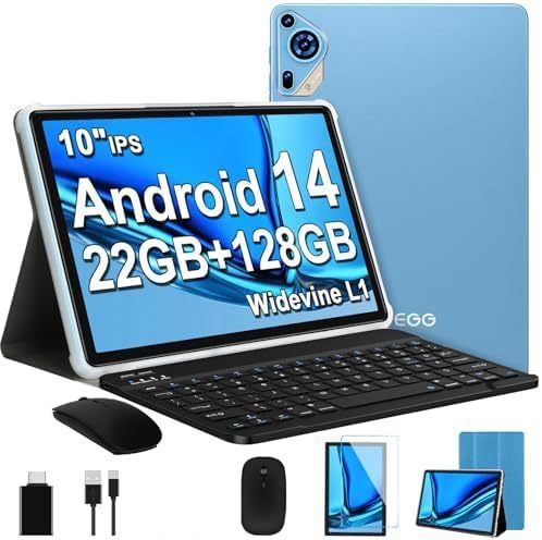Android 14 Tablet 10 Inch Octa Core 22GB RAM 128GB ROM Expand To 1TB 8000mAh Battery  HD Screen Keyboard  Mouse Included Color Gray
