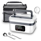 Cordless Electric Heated Lunch Box,Rechargeable Self Heating Battery Powered Food Warmer with 1L Container Fork Spoon and Insulated Carry Bag (White)