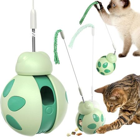 Cat Toys, Tumbler Rolling Cat Treat Dispenser with Teaser Wand, Cats Chase Toys for Nxiety Boredom Relie, Green