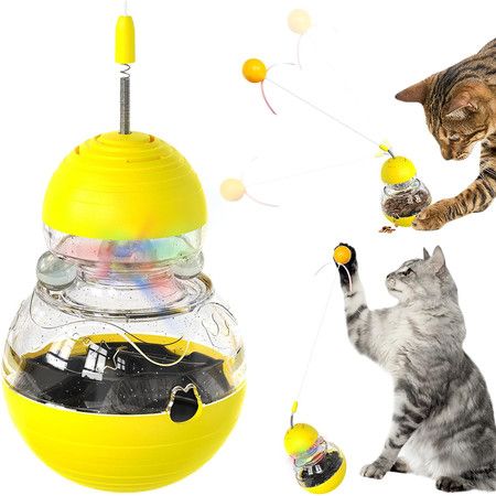 Interactive Cat Toy with Feeder, Gourd Tumbler Design with Teaser Wand, Ideal Gift for Kitten Exercise (Yellow)