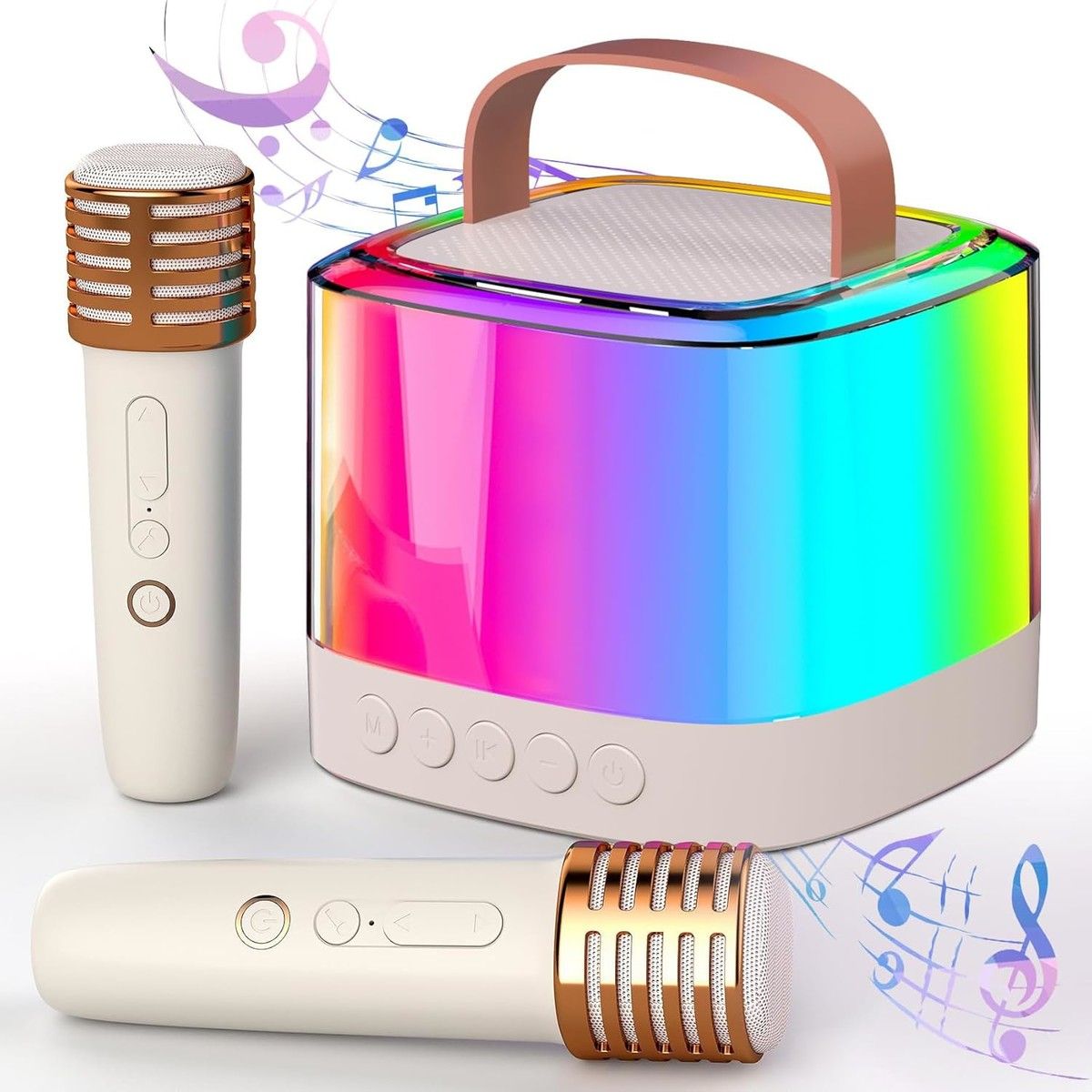 Mini Karaoke Machine for Kids, Portable Bluetooth Karaoke Speaker with 2 Wireless Mics and LED Color Lights, Home KTV, Birthday for Girls and Boys, Beige