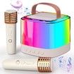 Mini Karaoke Machine for Kids, Portable Bluetooth Karaoke Speaker with 2 Wireless Mics and LED Color Lights, Home KTV, Birthday for Girls and Boys, Beige