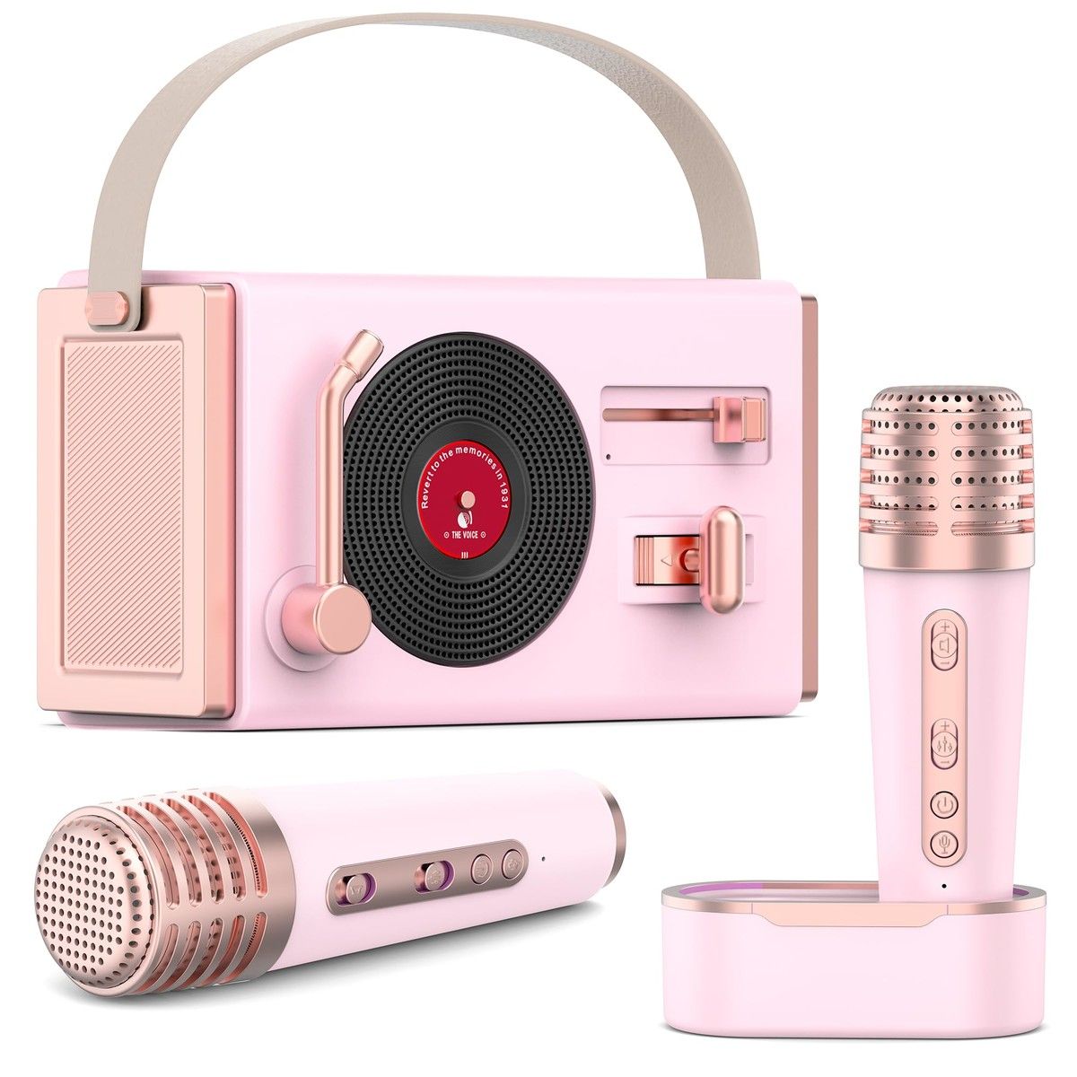 Mini Karaoke Machine Portable Bluetooth Speaker with 2 Wireless Microphones and Charging Pod, Stereo Sound Enhanced Bass Gifts for Girls,Pink