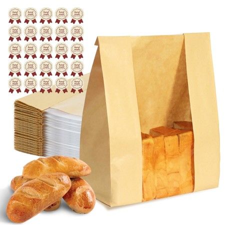 Bread Bags for Homemade Bread 50PCS Paper Sourdough Large Bakery Bags with Window Includes 50PCS Label Seal Stickers