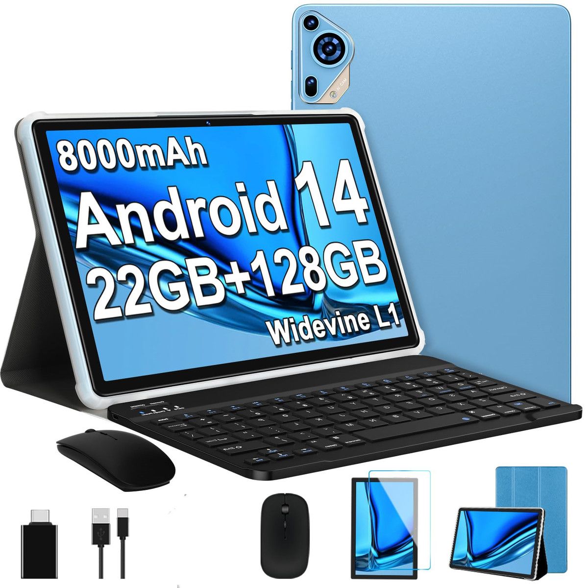 Android 14 Tablet 10 inch OctaCore Tablets with 22GB RAM+128GB ROM,1280x800 IPS HD Touch Screen,Support Widevine L1,Keyboard Mouse-Blue