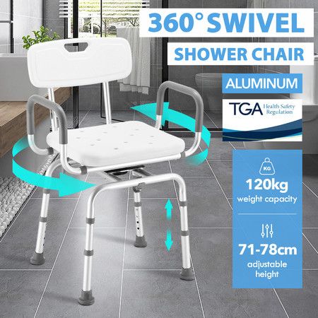 Swivel Shower Chair Medical Bath Seat Stool Adjustable Bathroom Tub Transfer Bench 360° Rotating Bedside Mobility Aid Back Arm Raised Seating Elderly