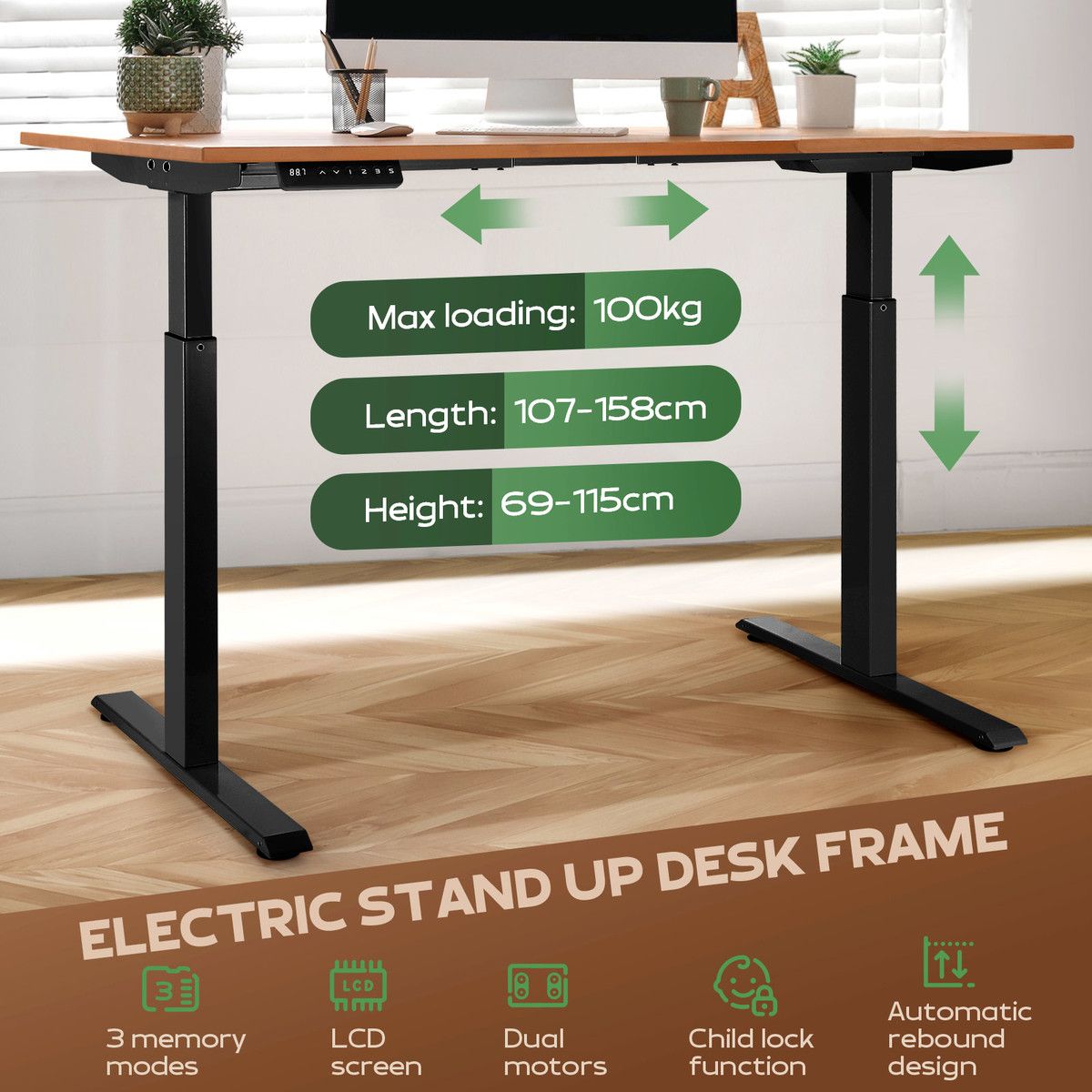 Stand Up Desk Frame Electric Sit and Standup Table Base Legs Heavy Duty Adjustable Rising Standing Underframe Carbon Steel Dual Motor Black