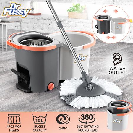Spin Mop and Twin Bucket Set Tile Wood Floor Cleaner 4 Microfibre Heads Magic Dry Twist Separate Stackable Easy Cleaning System 360 Degree Rotating