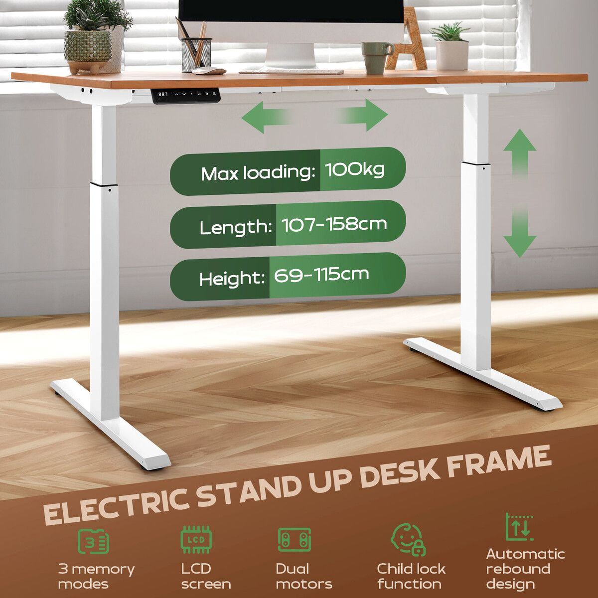 Stand Up Desk Frame Electric Sit and Standup Table Legs Base Adjustable Heavy Duty Standing Rising Underframe Dual Motor Carbon Steel White