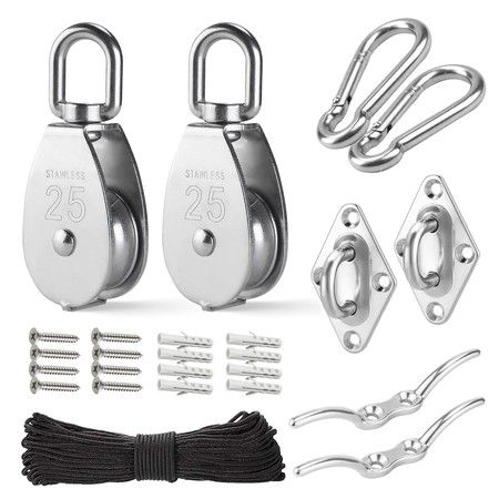 M25 Stainless Steel Pulley System Kit Heavy Duty Pulley Wheel, Pulley Block with Nylon Rope, Hooks, Eye Pad Plate, and Rope Cleat