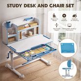 Kids Study Desk Chair Set Ergonomic School Student Table Height Adjustable Seat with Tilt Desktop Storage Shelf Drawer for Writing Drawing Learning