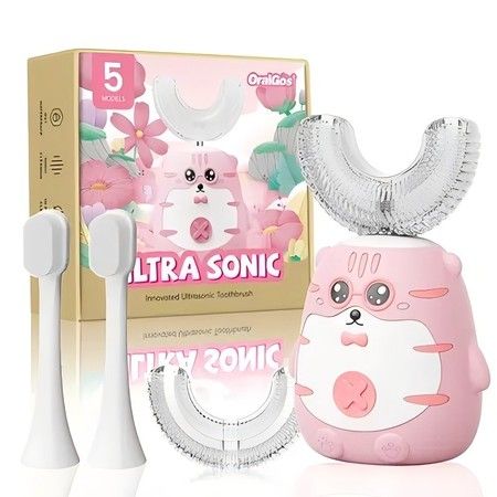Ultrasonic Kid U-Shaped Electric Rechargable Toothbrush  2 U shape head 4 Brush Heads, 60S Smart Reminder Ages 6-14