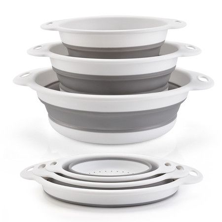 3Pc Folding Strainers,Kitchen Collapsible Silicone Colander,Fruit Vegetable Strainer Silicone Drainer With Ergonomic Handle Color Grey