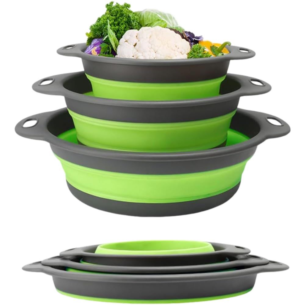 3Pc Folding Strainers,Kitchen Collapsible Silicone Colander,Fruit Vegetable Strainer Silicone Drainer With Ergonomic Handle Color Green