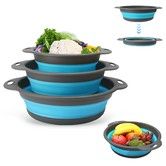 3Pc Folding Strainers,Kitchen Collapsible Silicone Colander,Fruit Vegetable Strainer Silicone Drainer With Ergonomic Handle Color Blue