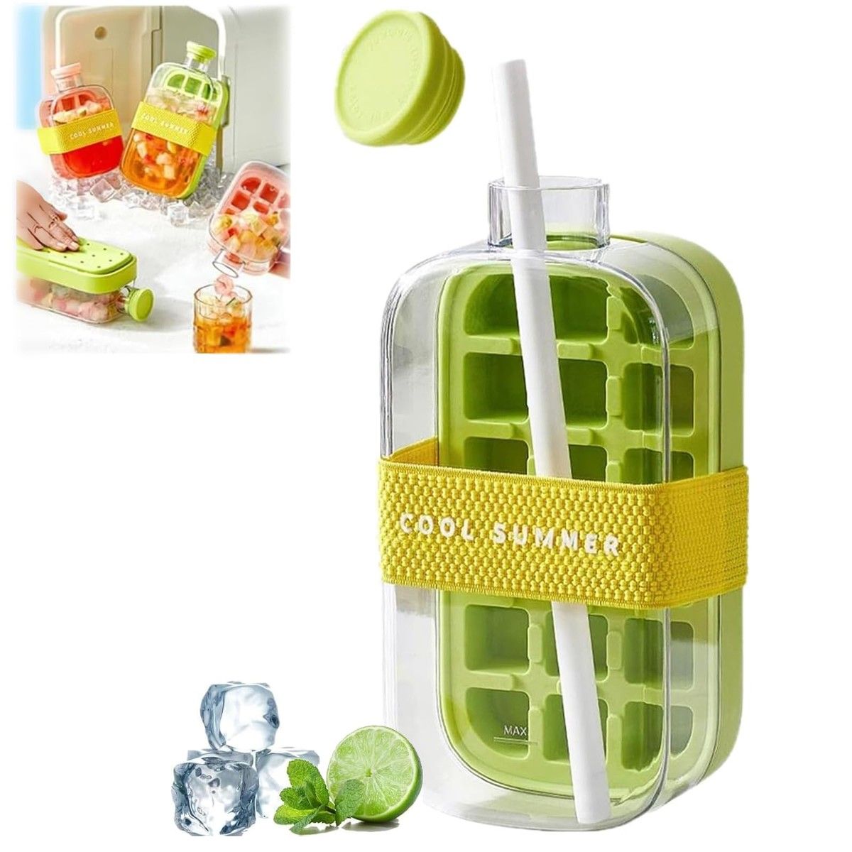 Ice Bottle Cup,2 in 1 Zero Touch Press Ice Cube Mold Water Bottle with Lid and Bin,Easy Press to Release Vertical Ice Cube Tray with Lid (Green,800ML)