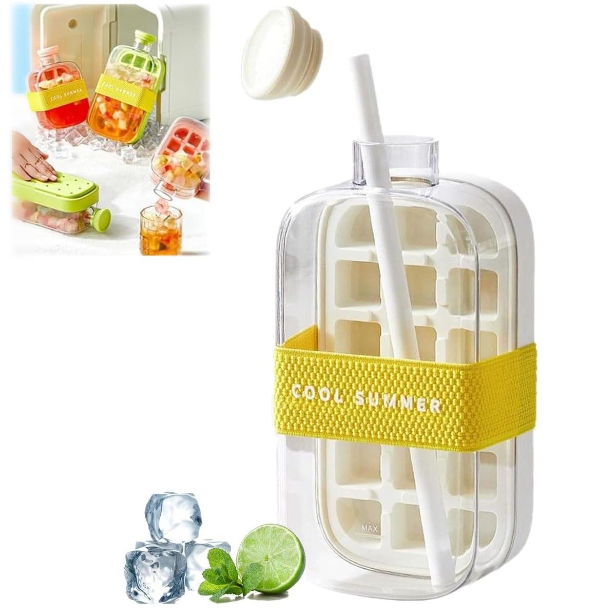 Ice Bottle Cup,2 in 1 Zero Touch Press Ice Cube Mold Water Bottle with Lid and Bin,Easy Press to Release Vertical Ice Cube Tray with Lid (White,800ML)