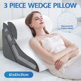 Bed Wedge Pillow Set 3Pcs Triangle Cushion Memory Foam Head Back Support Adjustable Headrest for Sleeping Reading Leg Elevation Raiser