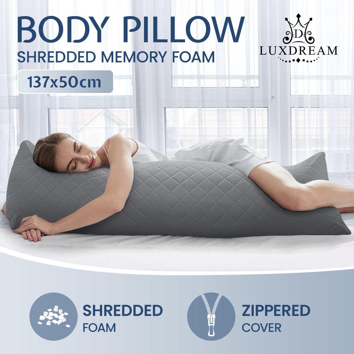 Body Pillow Support Long Full Back Hip Leg Support Shredded Bed Cushion Memory Foam for Pregnancy Maternity Stomach Side Sleepers 137x50cm Grey