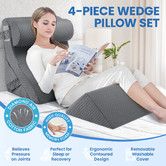 Bed Wedge Pillow Set 4 Pcs Neck Back Head Leg Support Cotton Fabric Adjustable Triangle Cushion Headrest Memory Foam Reading Elevation Raiser