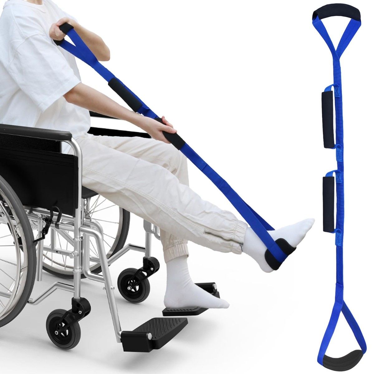 106cm Long Leg Lifter, Rigid Leg Lifter Strap With EVA Handgrips Foot Loop,Leg Lifter After Hip Replacement Knee Surgery Recovery Aids Kit,Blue
