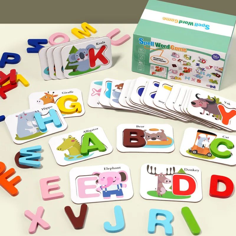 Montessori Wooden Spell Word Game Letter Cognitive Card Matching Games Early Learning Educational Toys For Kids