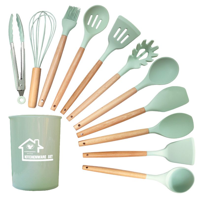 Green 12 PCS Set NonStick Silicone Spatula Soup Spoon Food Grade Kitchenware High Temp Resistant Heat