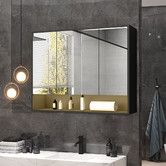 Bathroom Mirror Cabinet Medicine Shaving Vanity Shaver Cupboard Toilet Wall Storage Organiser Shelves Furniture with LED Lights Doors Black 90x13x75cm