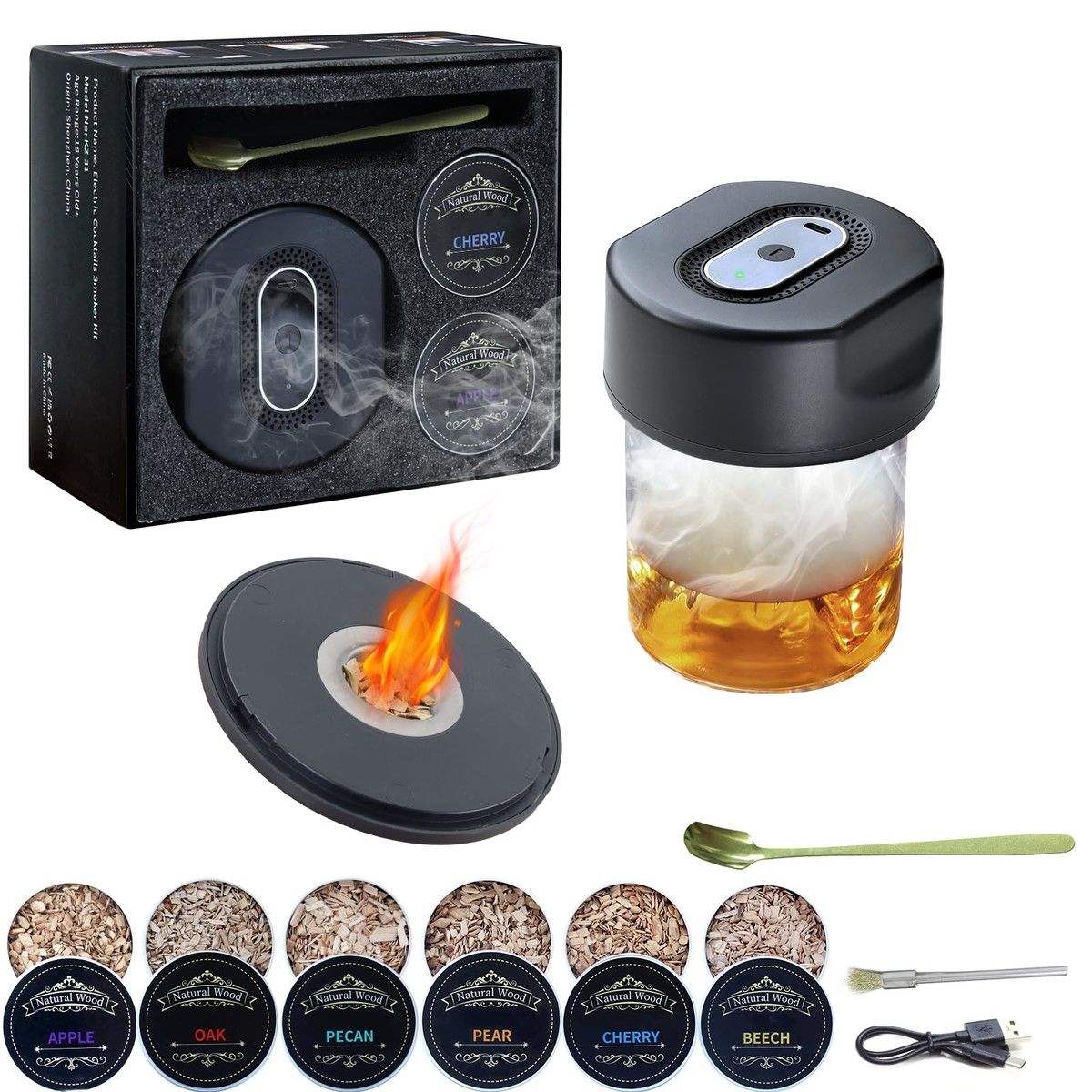 Electric Whiskey Smoker Kit, 6 Wood Chips,Double Concave Design Cocktail Smoker Kit,Smoked Old Fashioned Kit,Birthday Anniversary Bourbon Whiskey Gifts